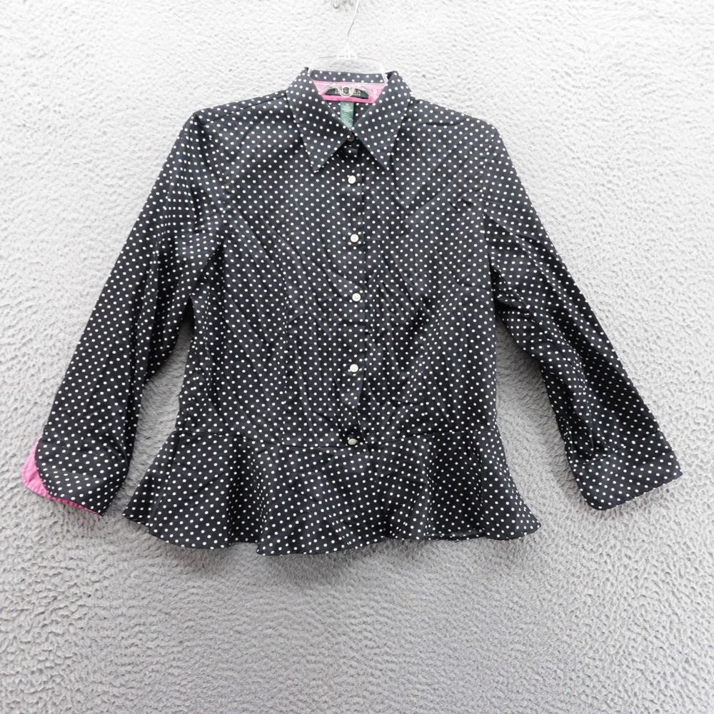 Ralph Lauren Black Polka Dot Peplum Button Down Shirt‎ Size 10 LRL